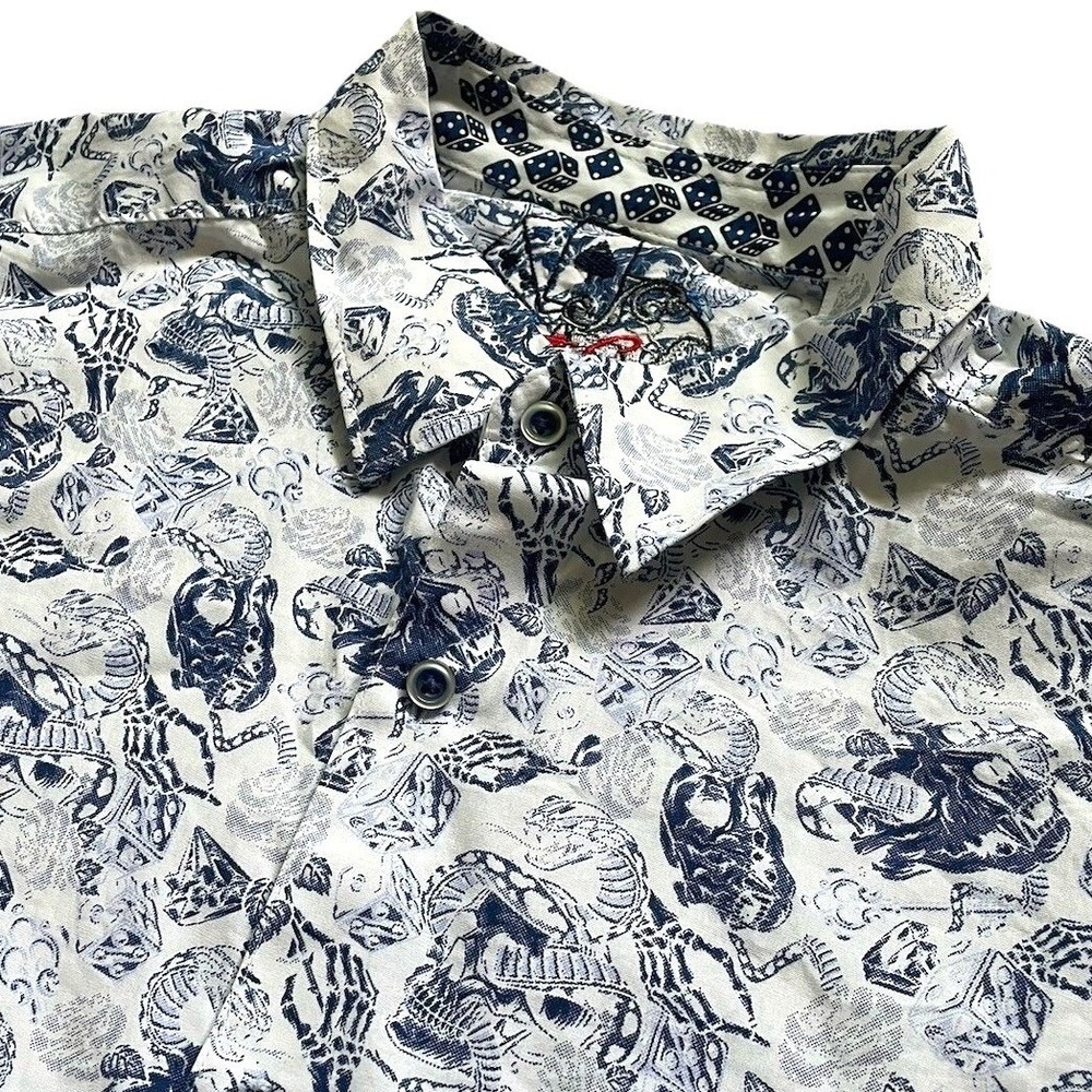 Robert Graham Short Sleeve Skull Button Shirt XL Cotton White Blue Snake Dice